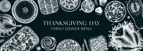 Thanksgiving dinner banner on chalkboard. Traditional fall food and drinks frame. Sketched roasted turkey, cooked vegetables, baked goods, desserts sketches. Thanksgiving background design.